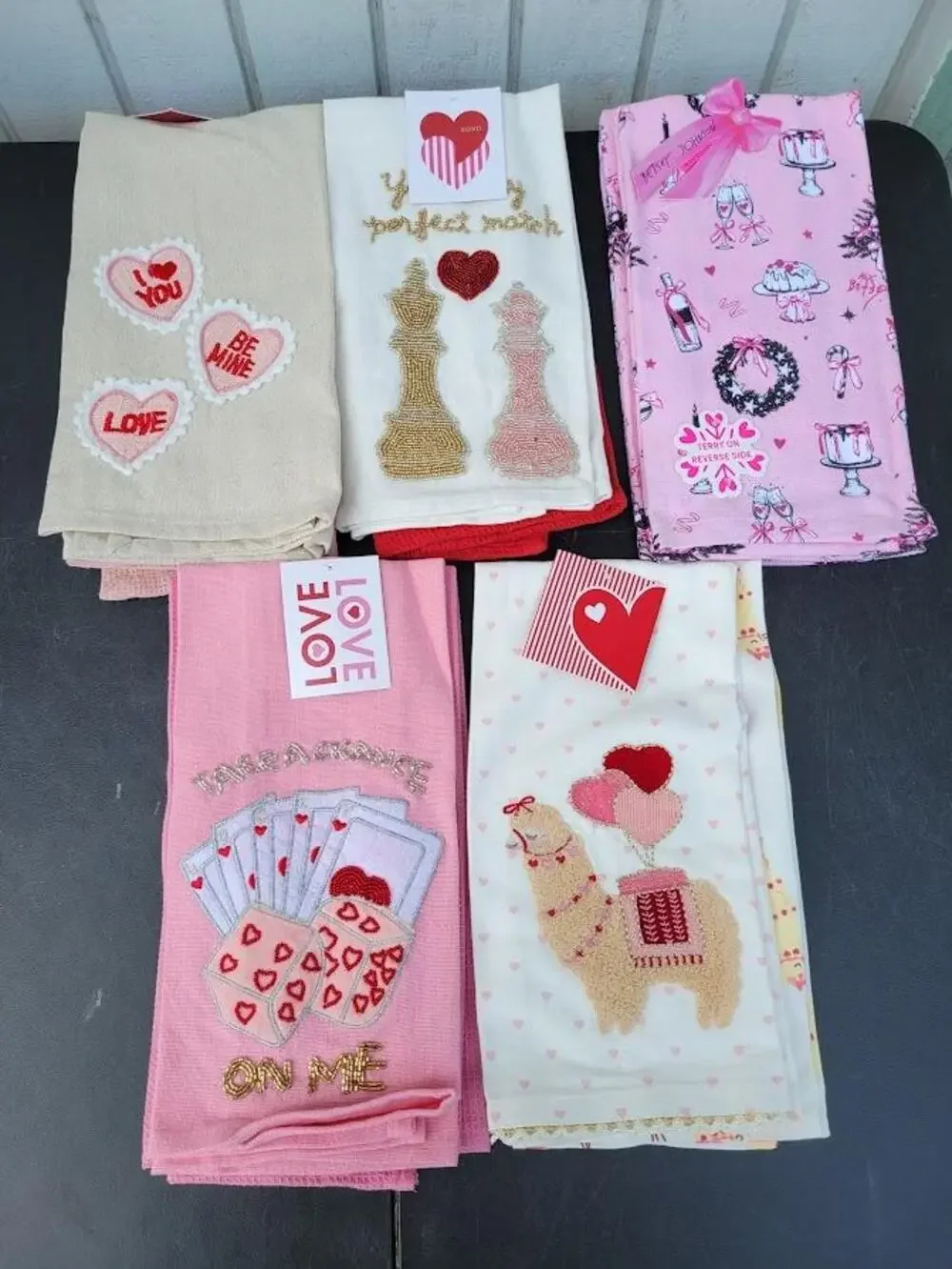 Valentine Hearts Kitchen Tea Towels Set 5Pc Cotton Embroidered Multicolor
